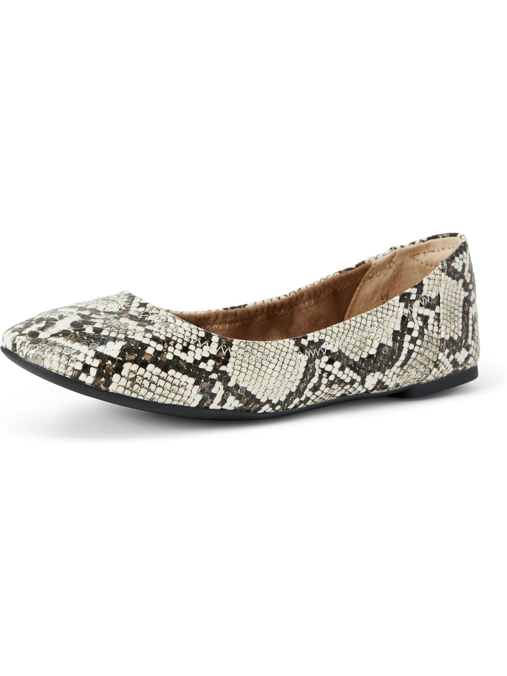 Women's Black White Faux Snake Skin Round Toe Slip On Ballet Flat Walking Shoe